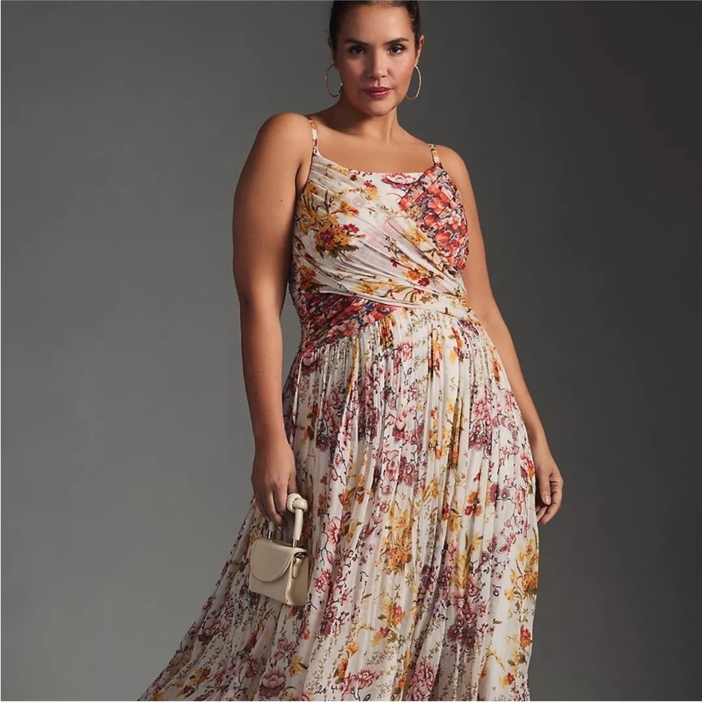 Anthropologie Cream Ruched Maxi Dress for Wedding Guest
